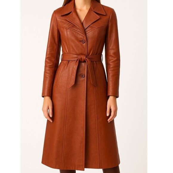 VINTAGE GENUINE COGNAC LEATHER 70s STYLE LONG BELTED TRENCH SZ 4 - Picture 1 of 14